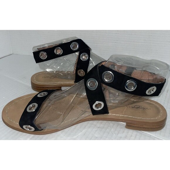 Halogen Sandals Size 12 Black Leather Ankle Strap Grommet Gladiator Flat Casual - Picture 8 of 15